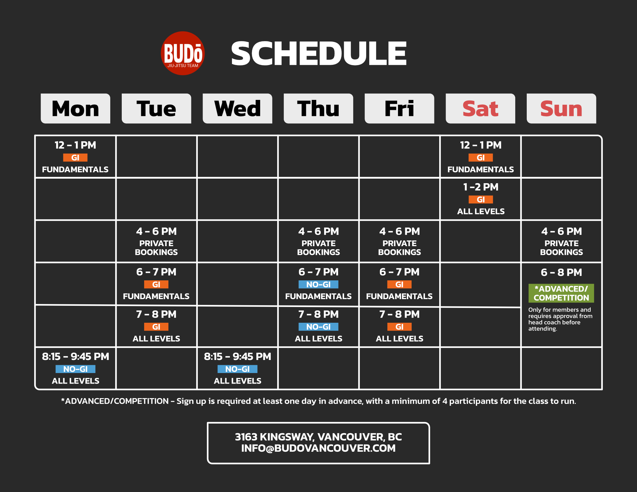 Budo Vancouver weekly class schedule - Gi and No-Gi BJJ classes